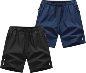 2 Pack - Men Athletic Running Shorts Plus Size Lightweight Summer Quick Dry Workout Gym Short with Zipper Pockets
