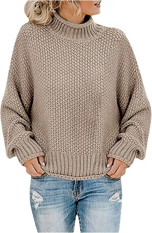2023 Fall Sweaters for Women Oversized Chunky Knitted Sweater Batwing Sleeve Turtleneck Sweater Casual Pullover Tops
