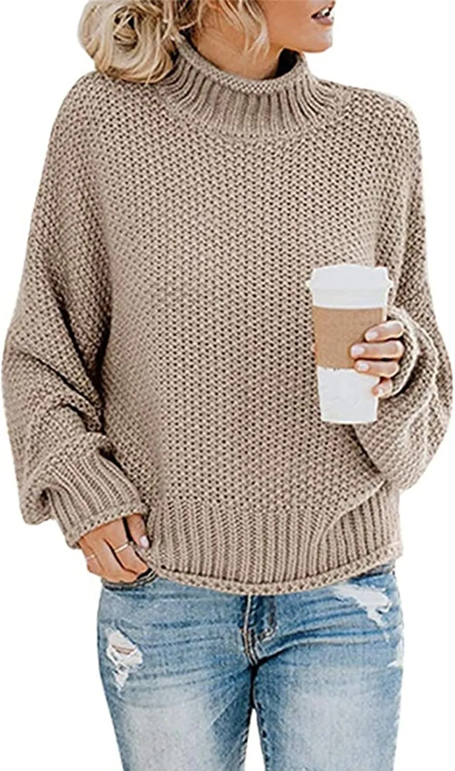 2023 Fall Sweaters for Women Oversized Chunky Knitted Sweater Batwing Sleeve Turtleneck Sweater Casual Pullover Tops