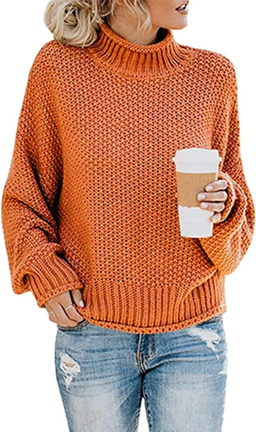 2023 Fall Sweaters for Women Oversized Chunky Knitted Sweater Batwing Sleeve Turtleneck Sweater Casual Pullover Tops