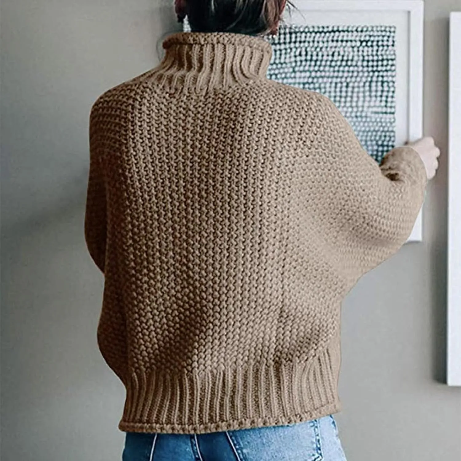 2023 Fall Sweaters for Women Oversized Chunky Knitted Sweater Batwing Sleeve Turtleneck Sweater Casual Pullover Tops