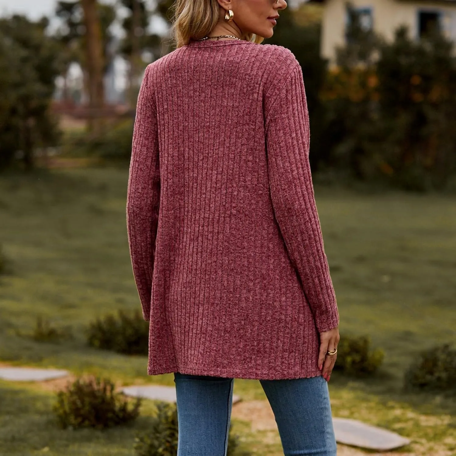 2023 Women's Open Front Cardigan Long Sleeve Draped Ruffles Soft Knit Sweaters Fall Lightweight Coat Trendy Jacket for Women