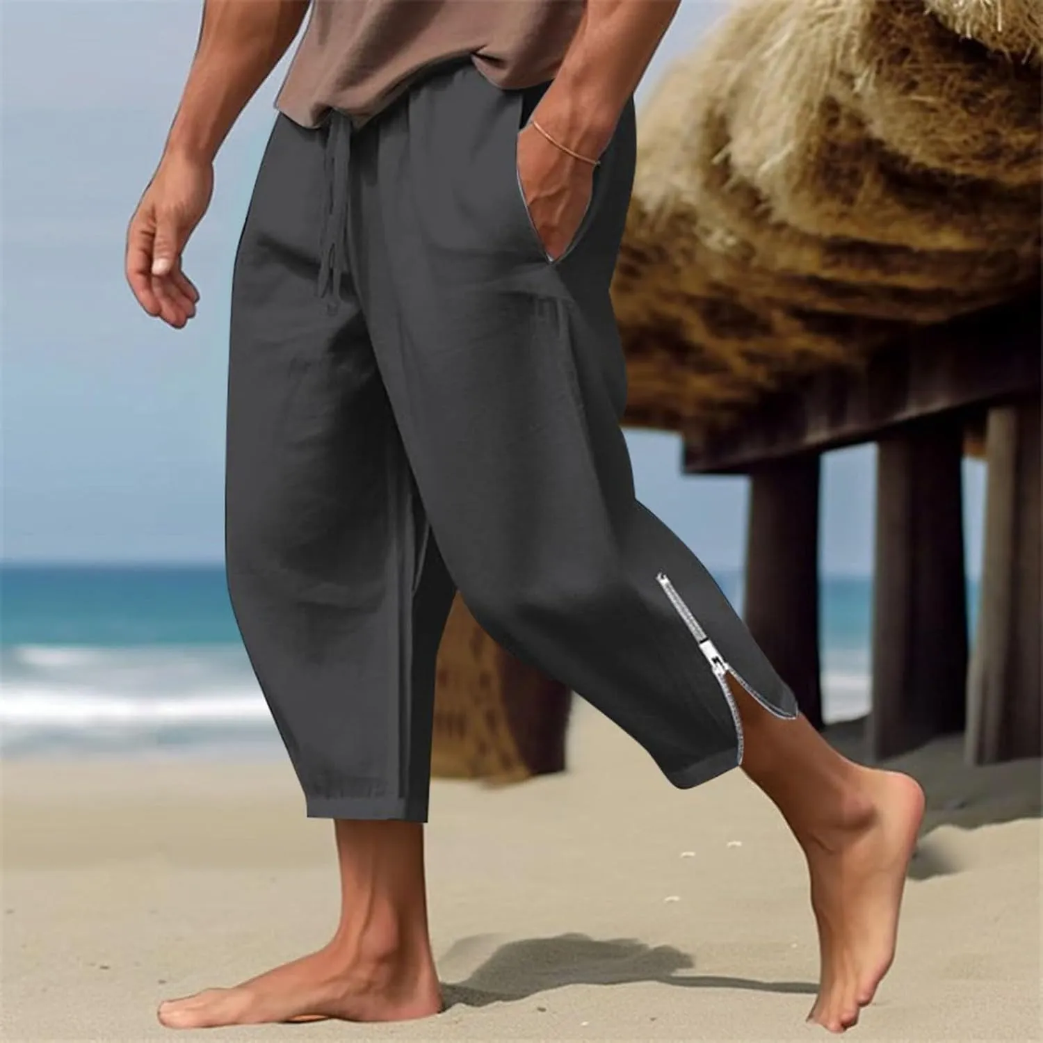 3/4 Leg Shorts for Men Summer Drawstring Elastic Waist Zipper Fit Comfy Leisure Style Elasticity Cute Trendy Trousers