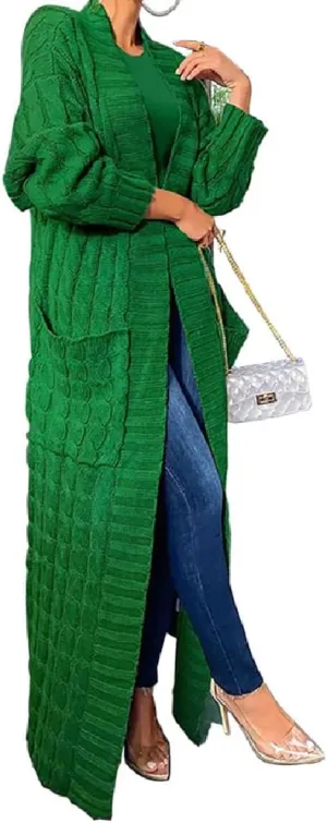 A ADILACA Women's Thin Type Stylish Cable Knit Cardigan with 2-Pockets, Women's Extra Long Ankle Length Sweater