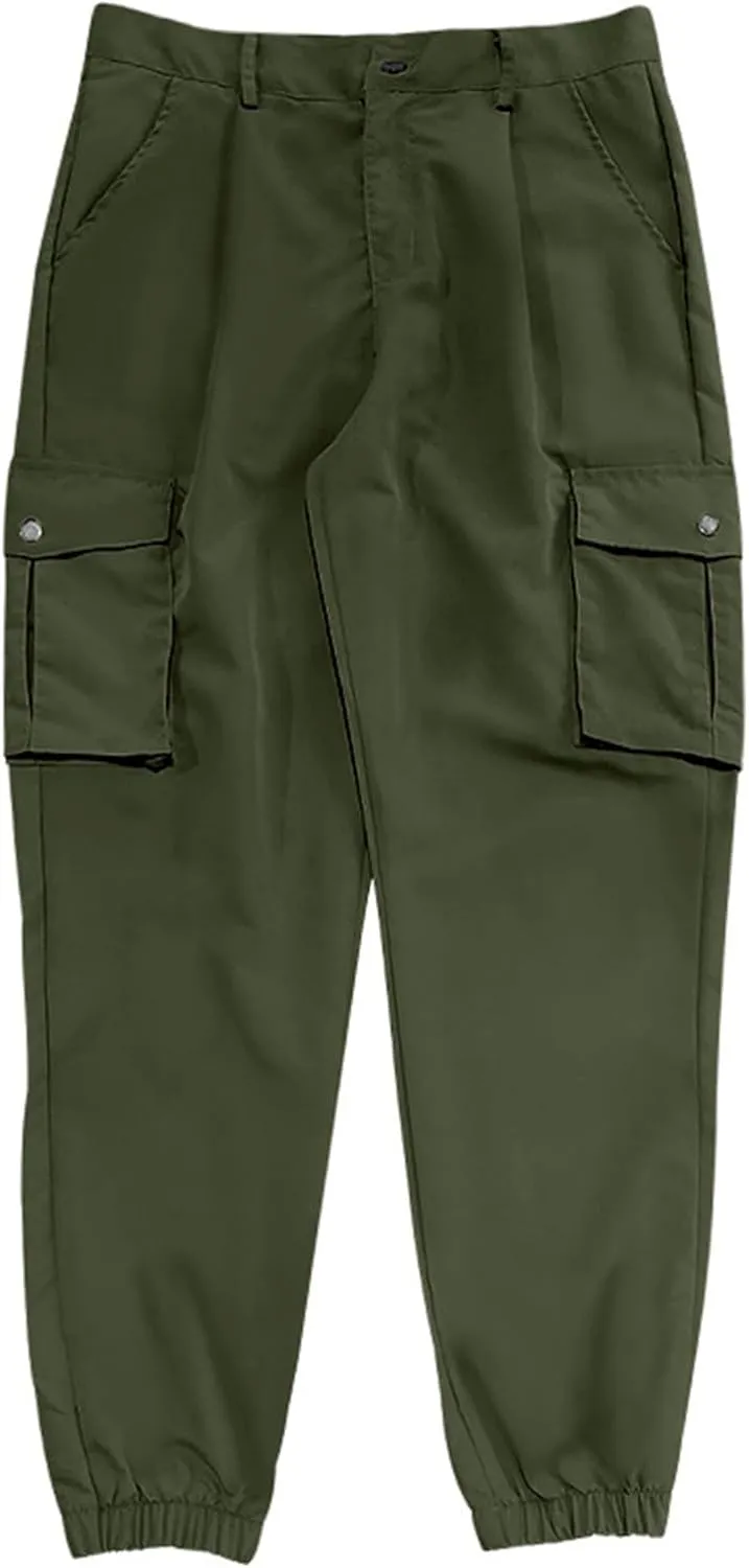 ADHOWBEW Mens Pants Casual Elastic Waist Outdoor Work Cargo Pockets Relaxed Fit Pants