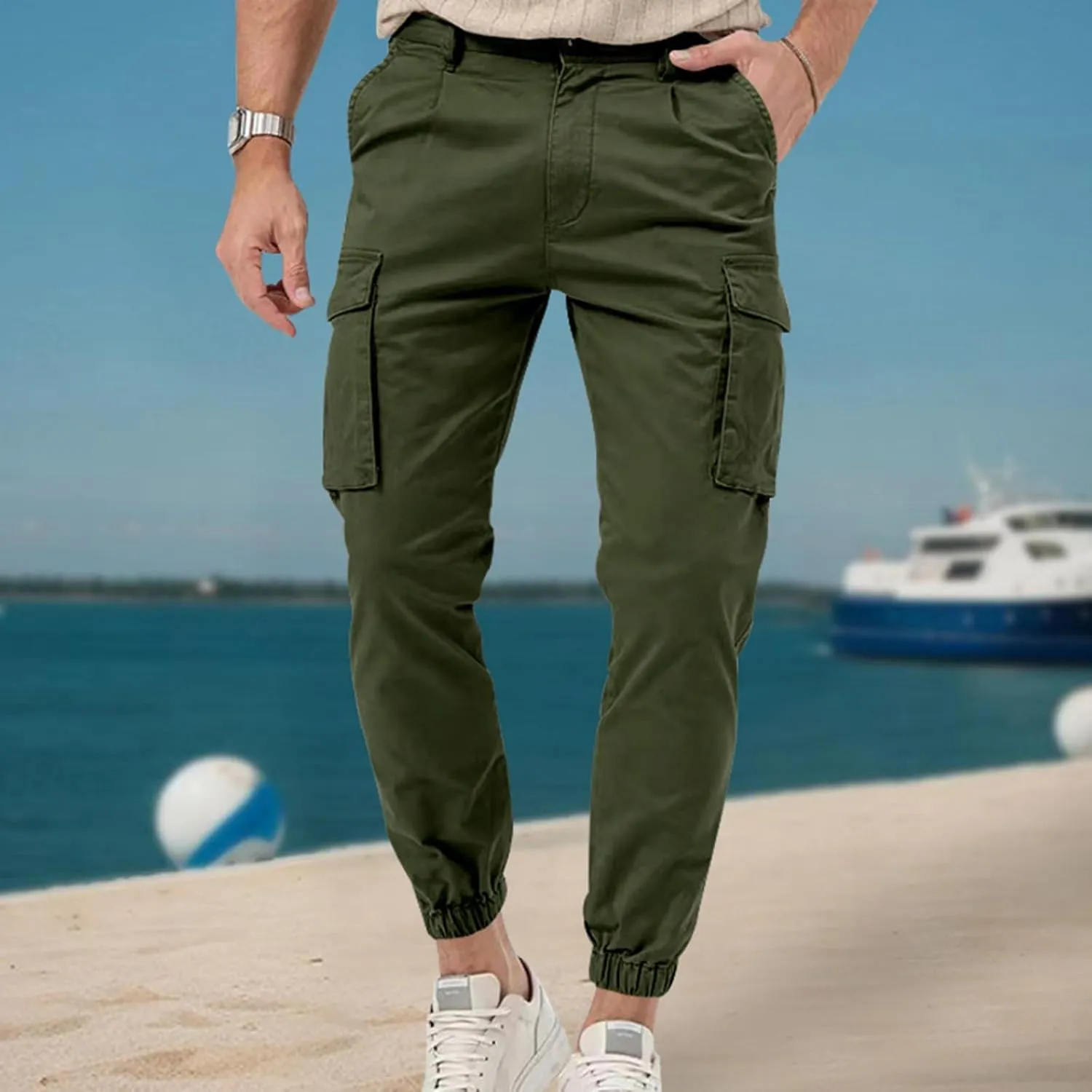 ADHOWBEW Mens Pants Casual Elastic Waist Outdoor Work Cargo Pockets Relaxed Fit Pants