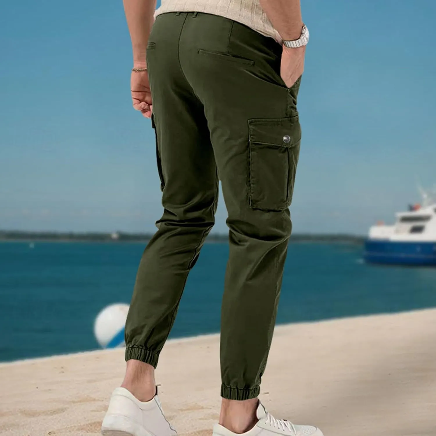 ADHOWBEW Mens Pants Casual Elastic Waist Outdoor Work Cargo Pockets Relaxed Fit Pants