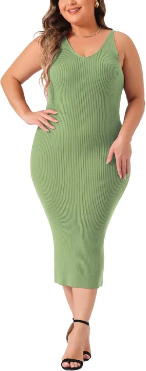 Agnes Orinda Plus Size Sweater Dress for Women Sleeveless V Neck Ribbed Knit Bodycon Midi Sweater Cami Dresses