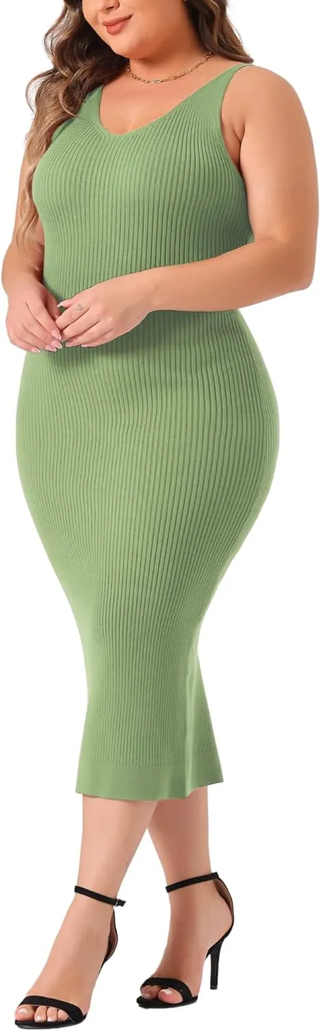 Agnes Orinda Plus Size Sweater Dress for Women Sleeveless V Neck Ribbed Knit Bodycon Midi Sweater Cami Dresses