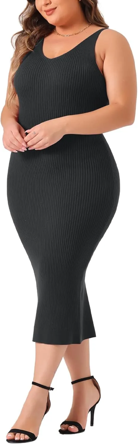 Agnes Orinda Plus Size Sweater Dress for Women Sleeveless V Neck Ribbed Knit Bodycon Midi Sweater Cami Dresses