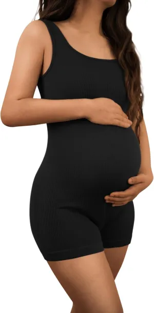 AIBIANOCEL Women's Maternity Bodysuit Pregnancy Shapewear Sleeveless Tank Top Shorts Ribbed Romper Jumpsuit