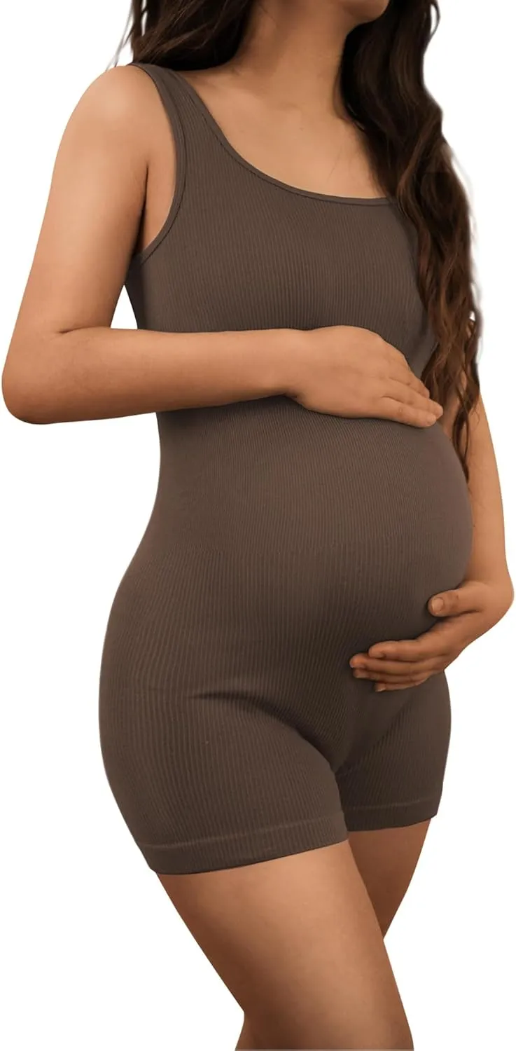 AIBIANOCEL Women's Maternity Bodysuit Pregnancy Shapewear Sleeveless Tank Top Shorts Ribbed Romper Jumpsuit
