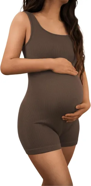 AIBIANOCEL Women's Maternity Bodysuit Pregnancy Shapewear Sleeveless Tank Top Shorts Ribbed Romper Jumpsuit