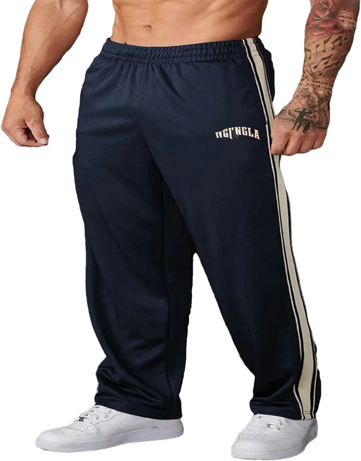 American Style Men's Sweatpants Splicing Printed Woven Belt Casual Pants Gym Sports Fitness Mid Waist Trousers