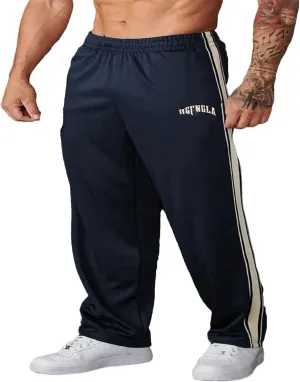American Style Men's Sweatpants Splicing Printed Woven Belt Casual Pants Gym Sports Fitness Mid Waist Trousers