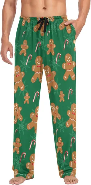 Aslsiy Mens Pajama Bottoms Gingerbread Man Green Pajama Pants Christmas Candy Sleep Pants