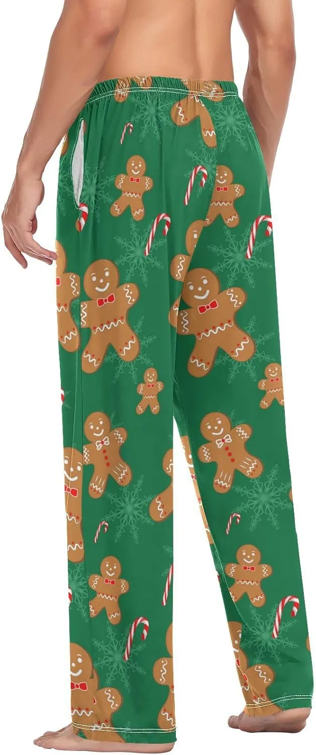 Aslsiy Mens Pajama Bottoms Gingerbread Man Green Pajama Pants Christmas Candy Sleep Pants