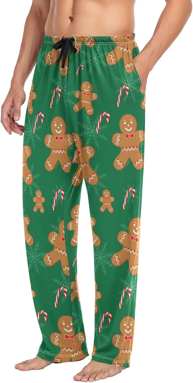 Aslsiy Mens Pajama Bottoms Gingerbread Man Green Pajama Pants Christmas Candy Sleep Pants