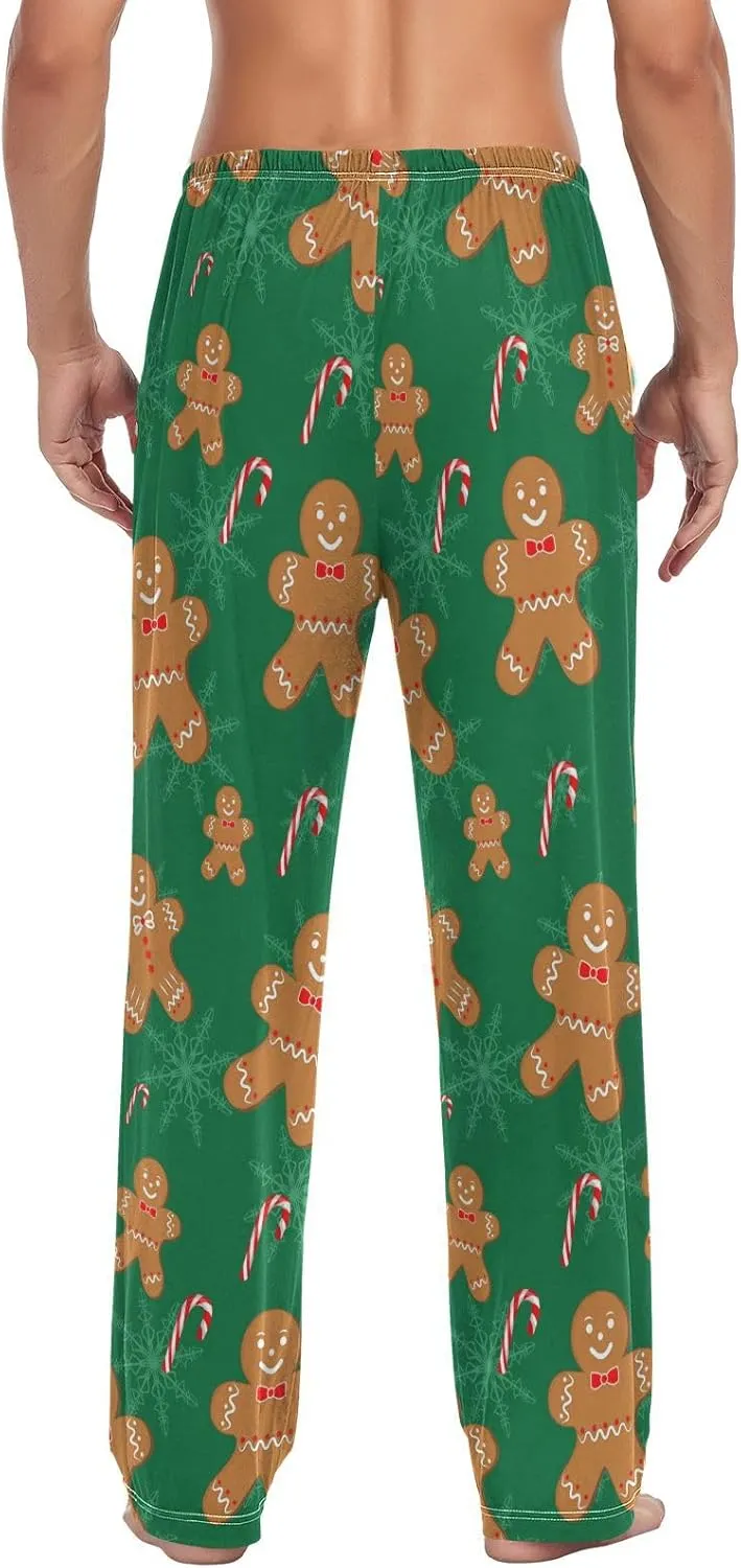 Aslsiy Mens Pajama Bottoms Gingerbread Man Green Pajama Pants Christmas Candy Sleep Pants