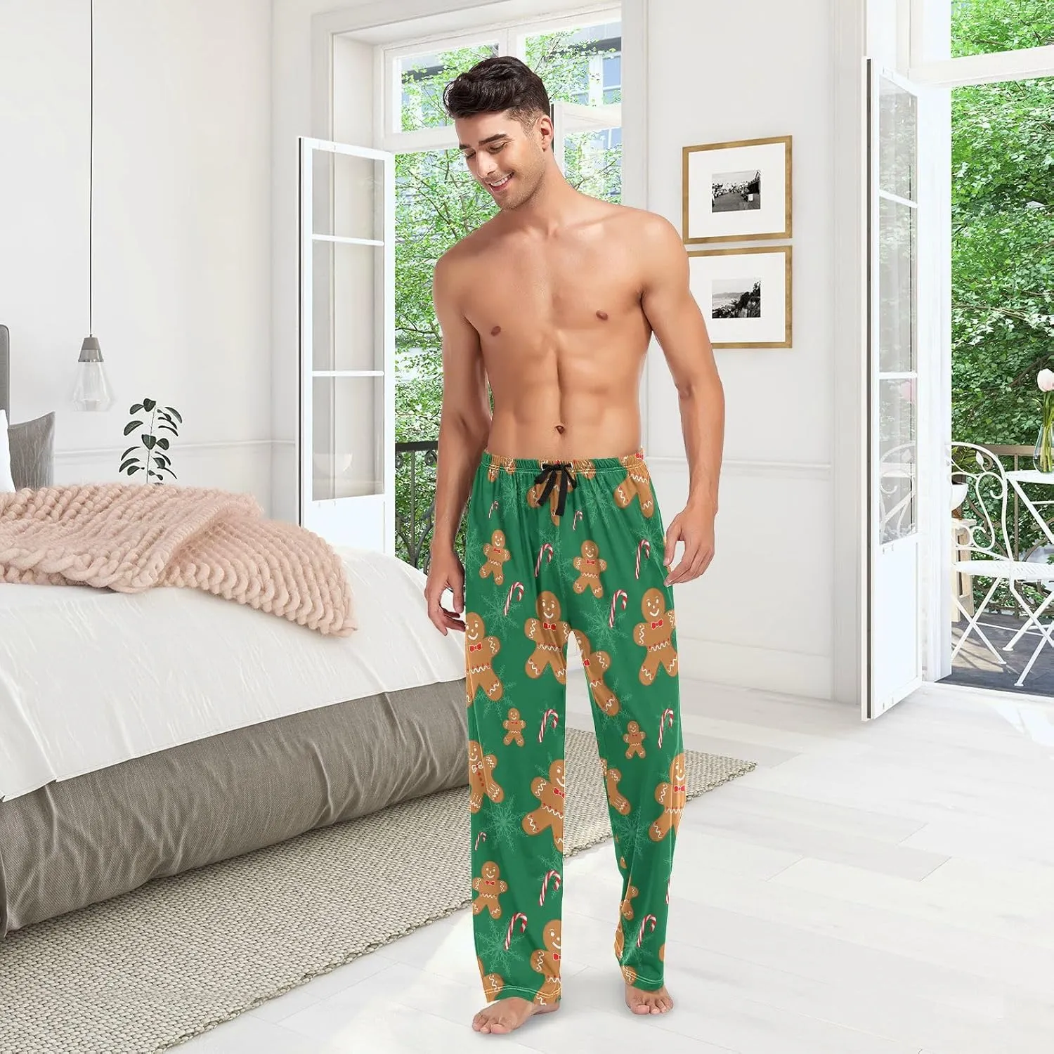 Aslsiy Mens Pajama Bottoms Gingerbread Man Green Pajama Pants Christmas Candy Sleep Pants