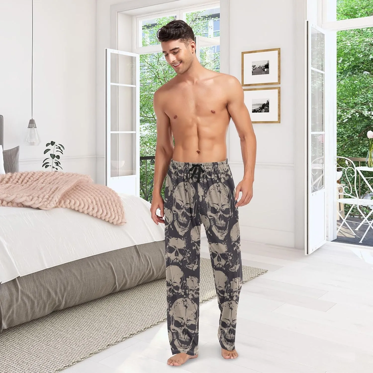 Aslsiy Mens Pajama Bottoms Retro Skull Bone Pajama Pants for Men Grunge Pattern Sleep Pants