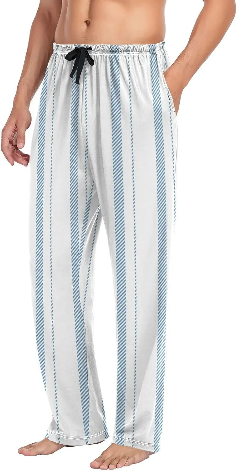Aslsiy Mens Pajama Bottoms Stripe Blue and White Pajama Pants for Men Simple Sleep Pants