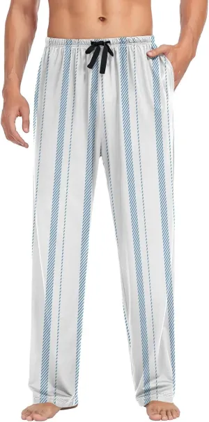 Aslsiy Mens Pajama Bottoms Stripe Blue and White Pajama Pants for Men Simple Sleep Pants