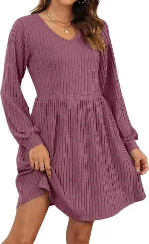 AUSELILY Womens Fall Dress 2025 Long Sleeve V Neck Short Dress Lightweight Casual Knit Sweater Dresses with Pockets
