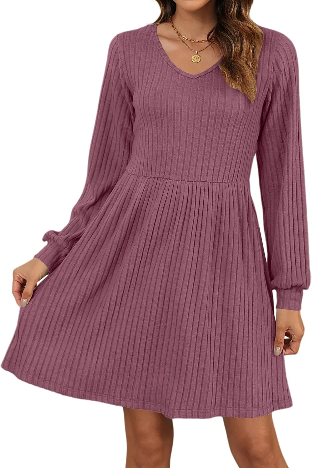AUSELILY Womens Fall Dress 2025 Long Sleeve V Neck Short Dress Lightweight Casual Knit Sweater Dresses with Pockets