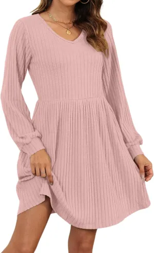 AUSELILY Womens Fall Dress 2025 Long Sleeve V Neck Short Dress Lightweight Casual Knit Sweater Dresses with Pockets