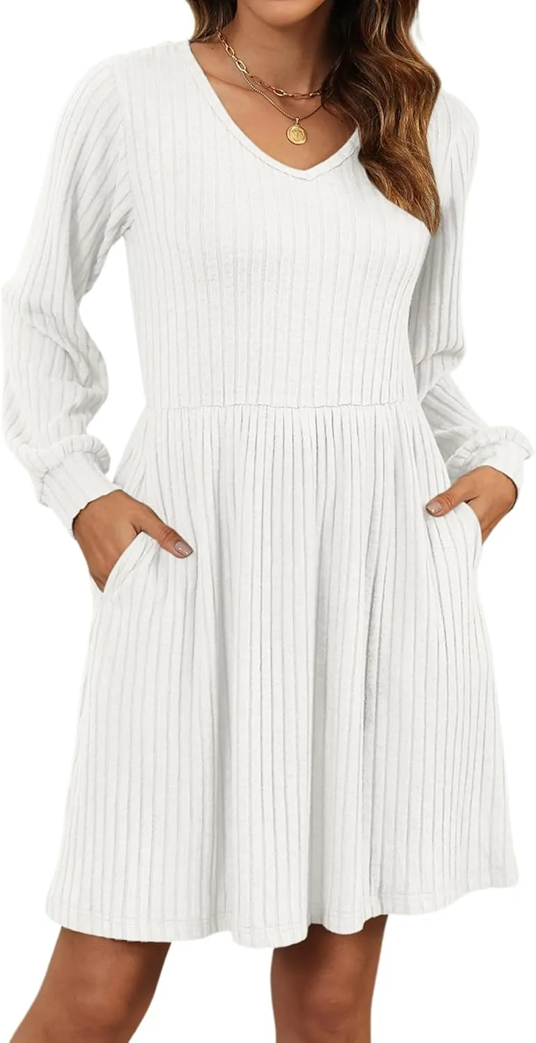 AUSELILY Womens Fall Dress 2025 Long Sleeve V Neck Short Dress Lightweight Casual Knit Sweater Dresses with Pockets