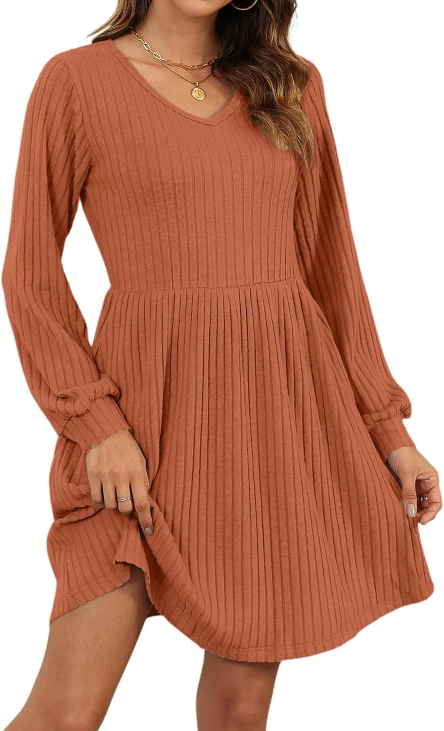 AUSELILY Womens Fall Dress 2025 Long Sleeve V Neck Short Dress Lightweight Casual Knit Sweater Dresses with Pockets