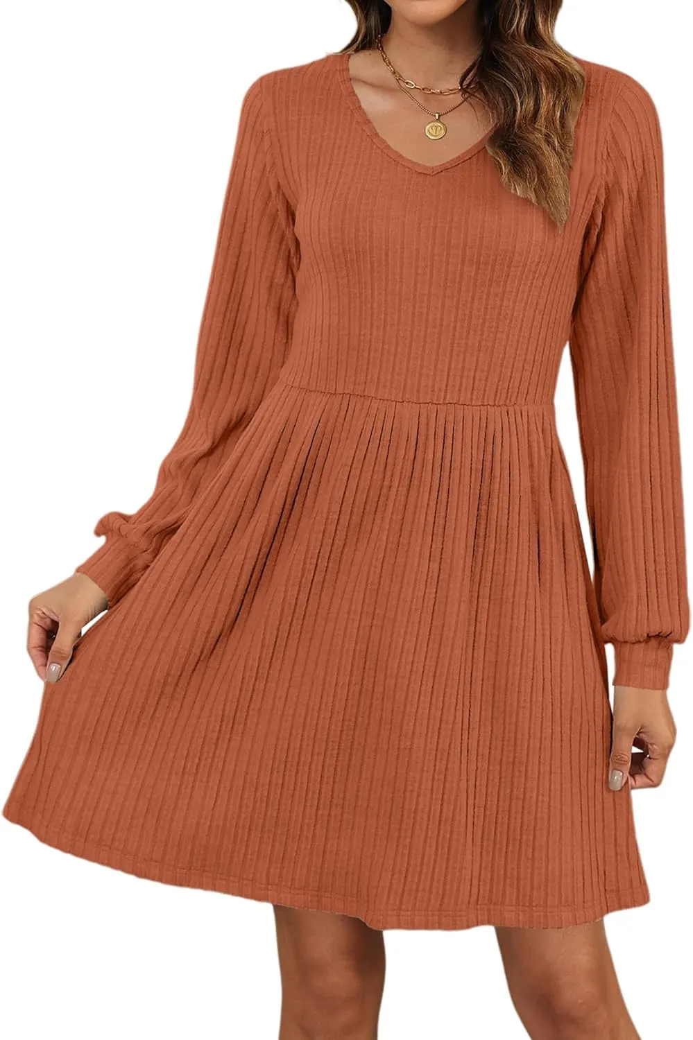 AUSELILY Womens Fall Dress 2025 Long Sleeve V Neck Short Dress Lightweight Casual Knit Sweater Dresses with Pockets