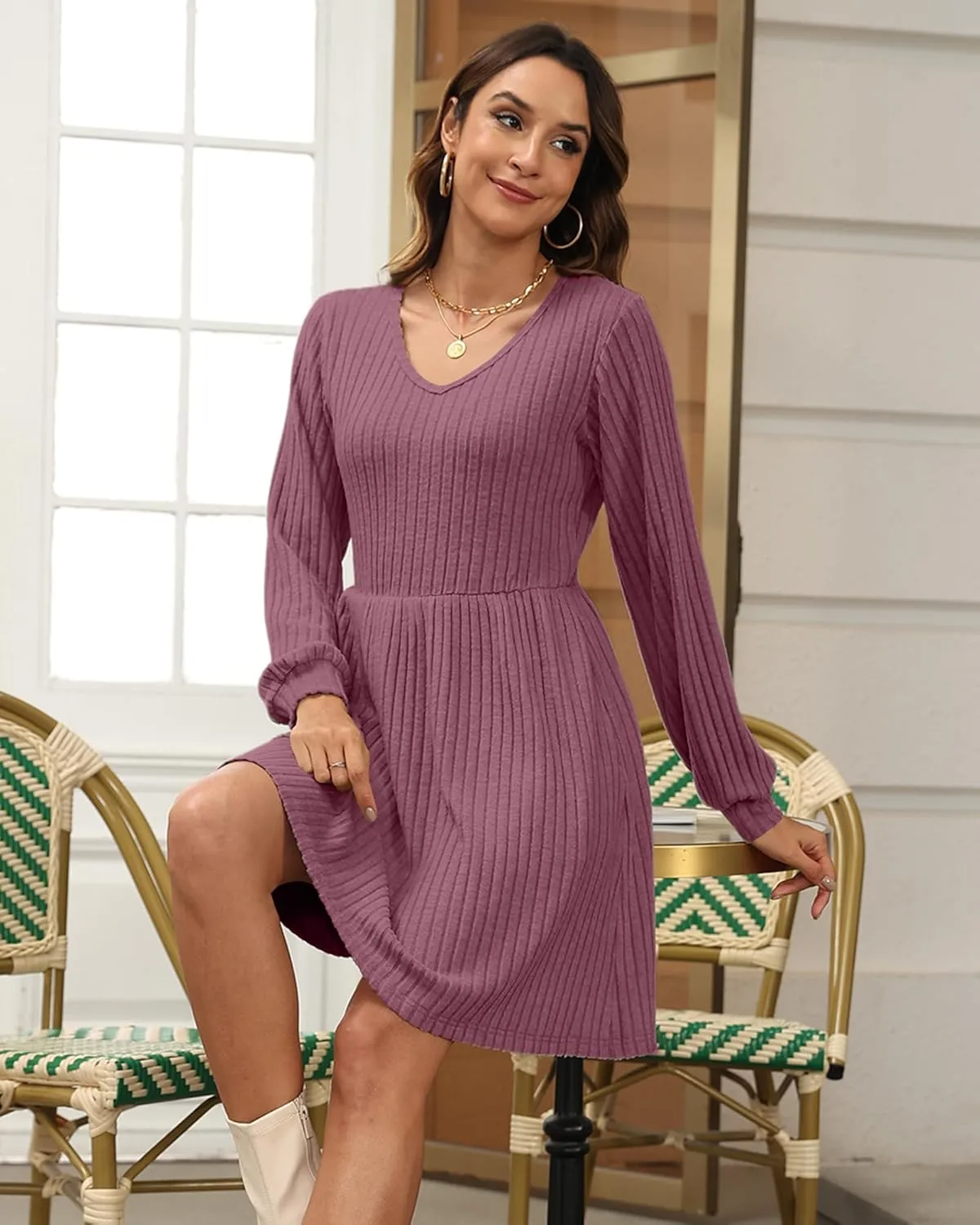 AUSELILY Womens Fall Dress 2025 Long Sleeve V Neck Short Dress Lightweight Casual Knit Sweater Dresses with Pockets