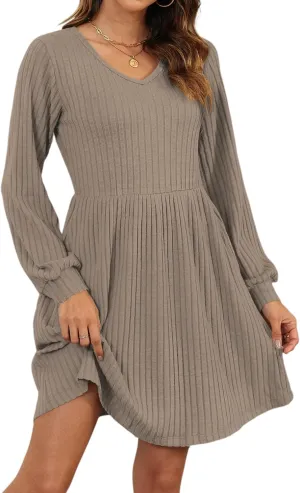AUSELILY Womens Fall Dress 2025 Long Sleeve V Neck Short Dress Lightweight Casual Knit Sweater Dresses with Pockets