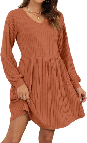 AUSELILY Womens Fall Dress 2025 Long Sleeve V Neck Short Dress Lightweight Casual Knit Sweater Dresses with Pockets