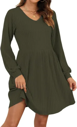 AUSELILY Womens Fall Dress 2025 Long Sleeve V Neck Short Dress Lightweight Casual Knit Sweater Dresses with Pockets