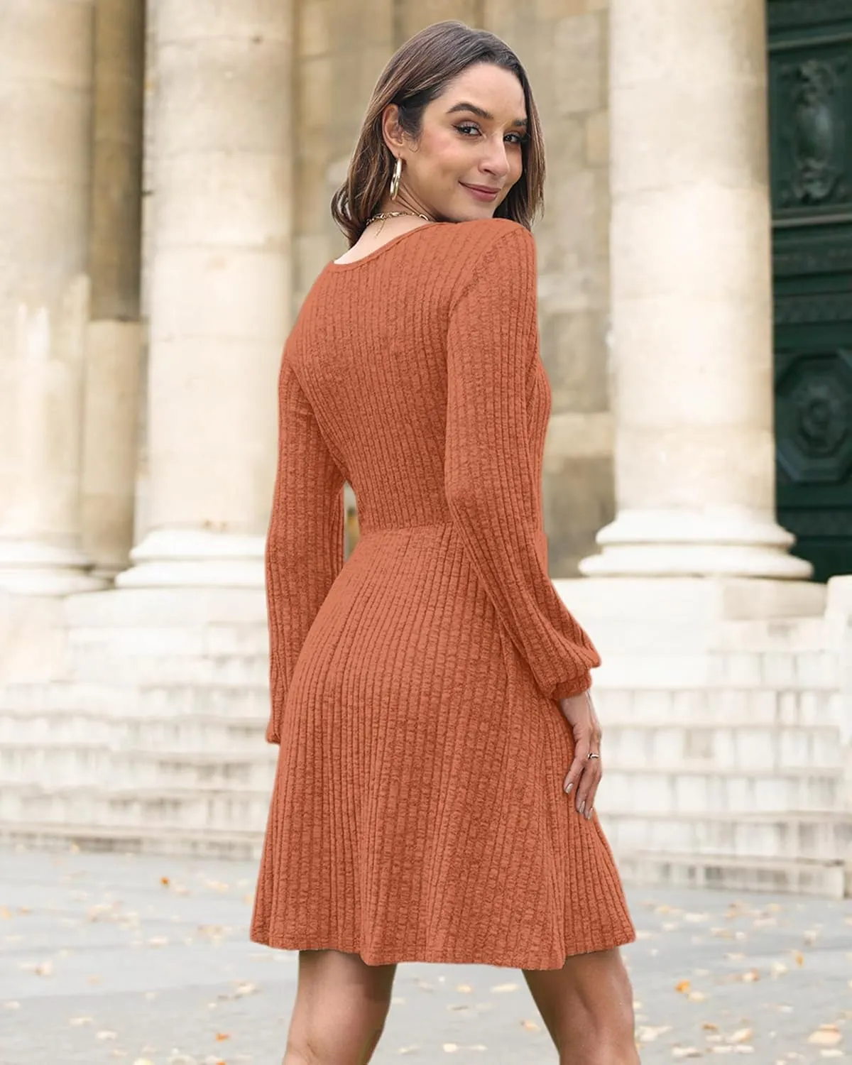 AUSELILY Womens Fall Dress 2025 Long Sleeve V Neck Short Dress Lightweight Casual Knit Sweater Dresses with Pockets