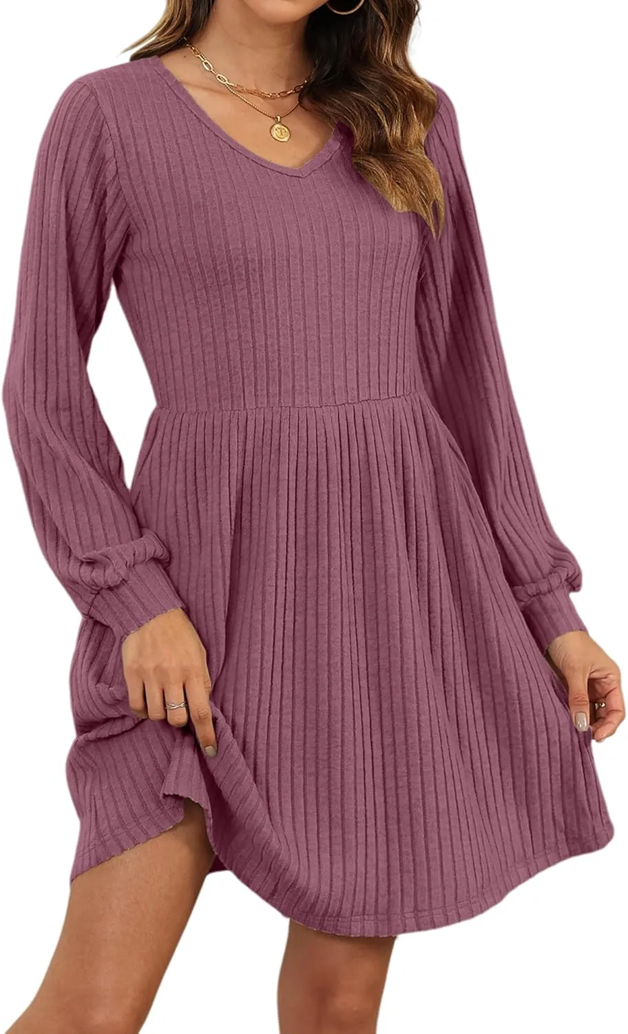 AUSELILY Womens Fall Dress 2025 Long Sleeve V Neck Short Dress Lightweight Casual Knit Sweater Dresses with Pockets