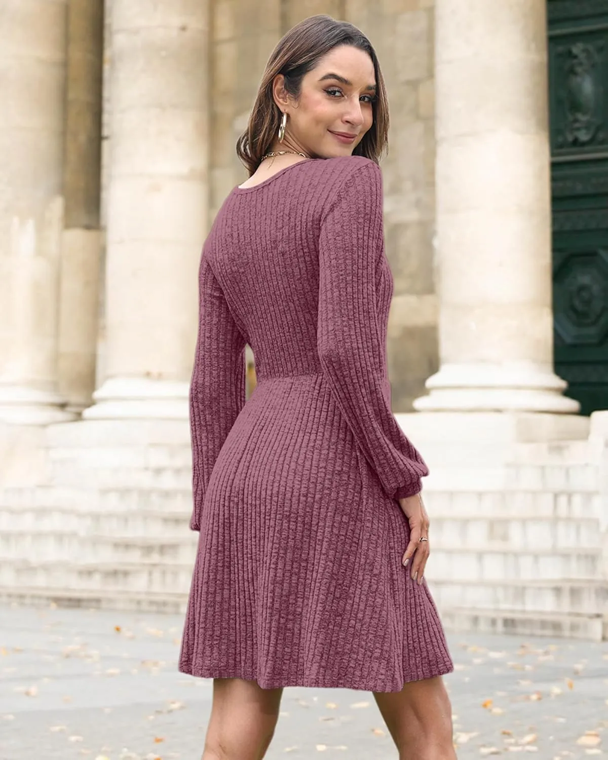 AUSELILY Womens Fall Dress 2025 Long Sleeve V Neck Short Dress Lightweight Casual Knit Sweater Dresses with Pockets