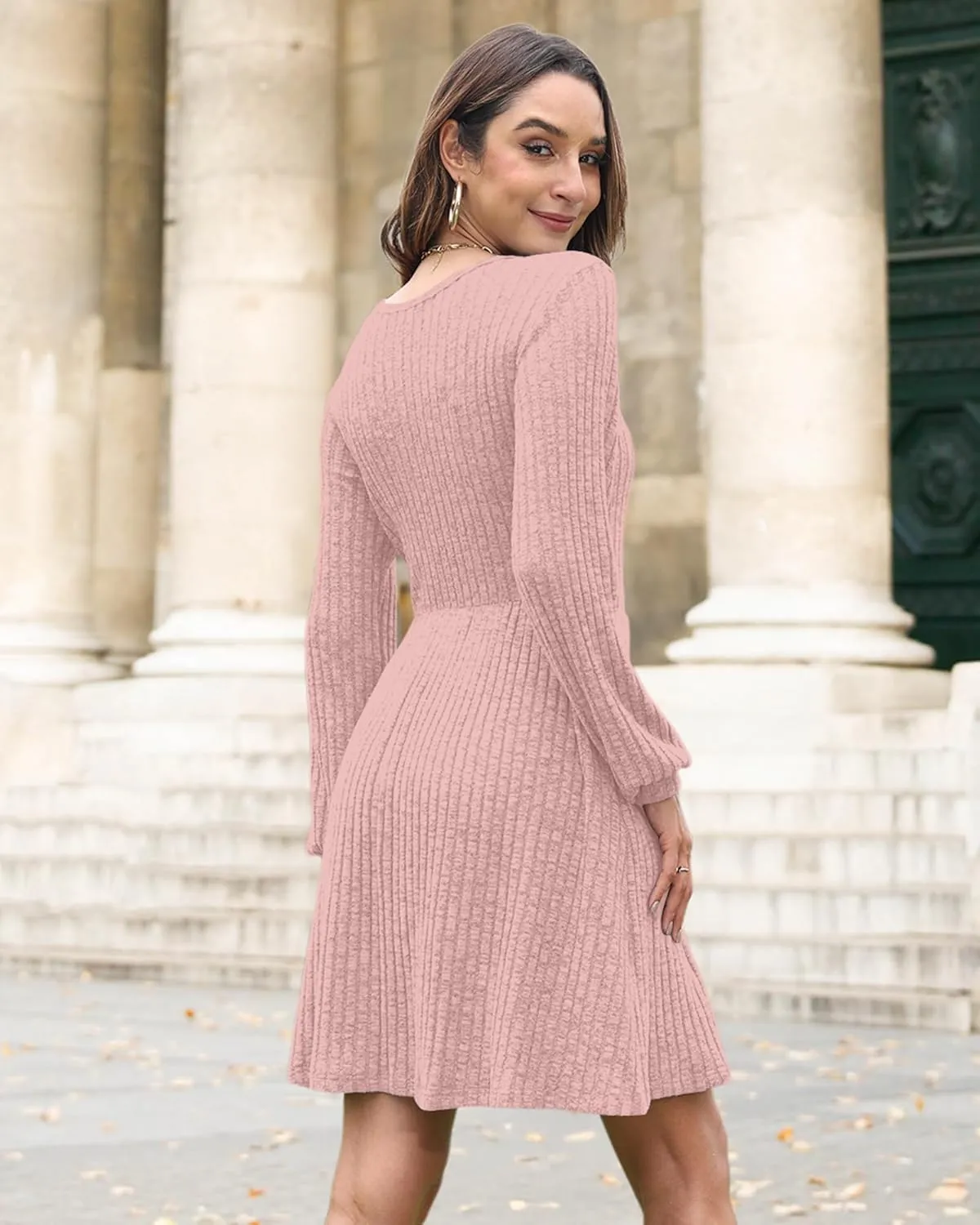 AUSELILY Womens Fall Dress 2025 Long Sleeve V Neck Short Dress Lightweight Casual Knit Sweater Dresses with Pockets