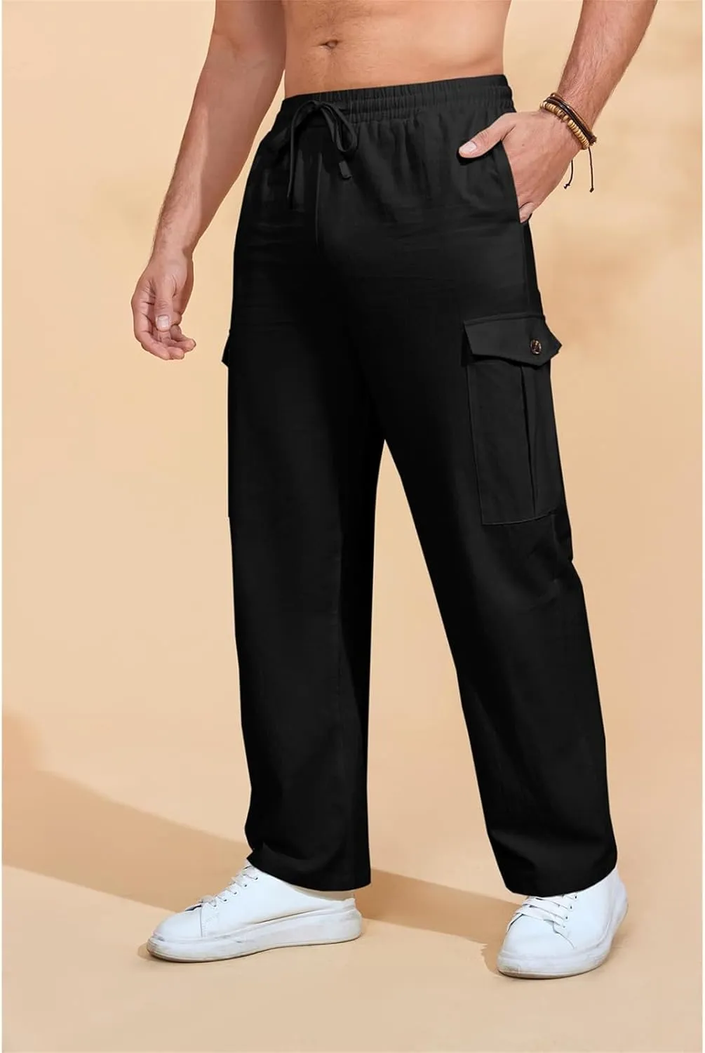 Baggy Beach Pants for Men Lightweight Casual Yoga Workout Linen Pant Waist Elastic Drawstring Breathable Soft Slacks
