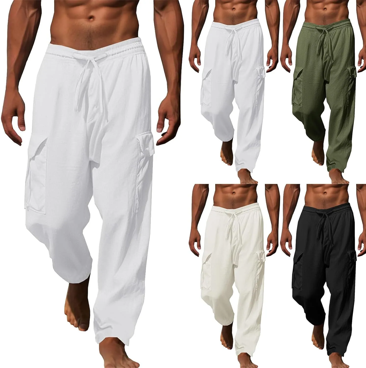 Baggy Beach Pants for Men Lightweight Casual Yoga Workout Linen Pant Waist Elastic Drawstring Breathable Soft Slacks