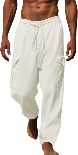 Baggy Beach Pants for Men Lightweight Casual Yoga Workout Linen Pant Waist Elastic Drawstring Breathable Soft Slacks