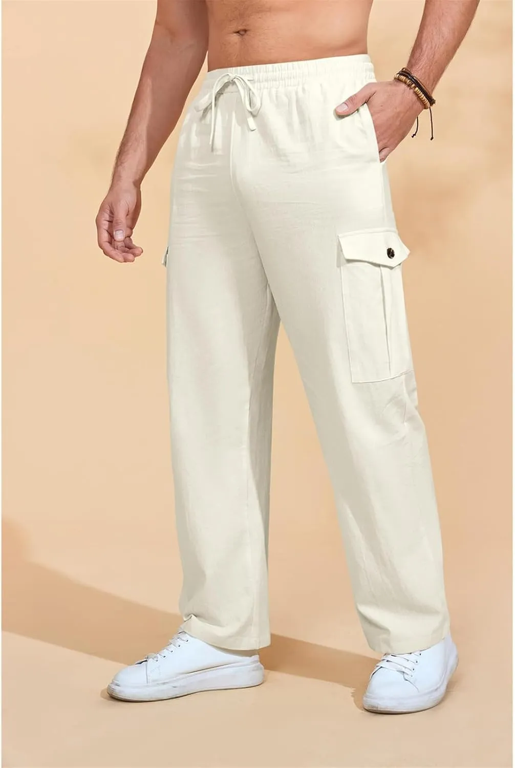 Baggy Beach Pants for Men Lightweight Casual Yoga Workout Linen Pant Waist Elastic Drawstring Breathable Soft Slacks
