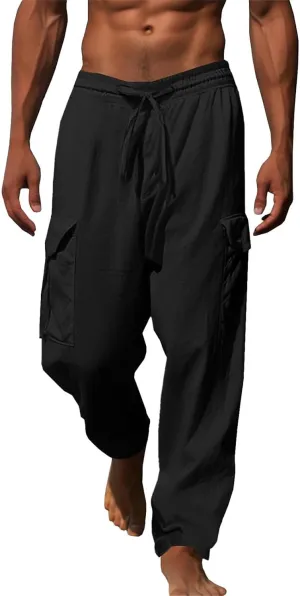 Baggy Beach Pants for Men Lightweight Casual Yoga Workout Linen Pant Waist Elastic Drawstring Breathable Soft Slacks