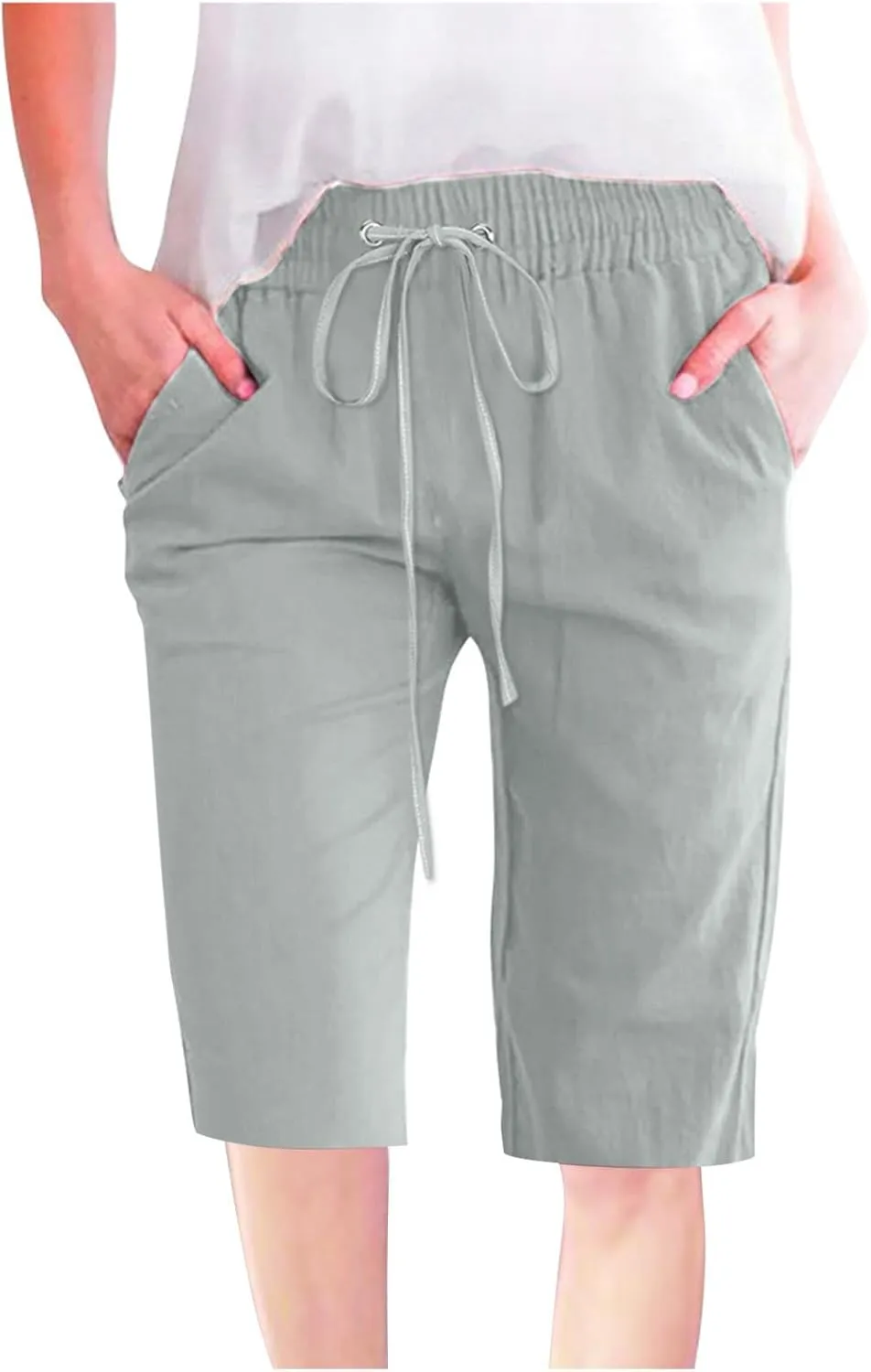 Bermuda Shorts for Women Elastic Drawstring High Waisted Outdoor Cargo Pants Casual Lightweight Hiking Pants