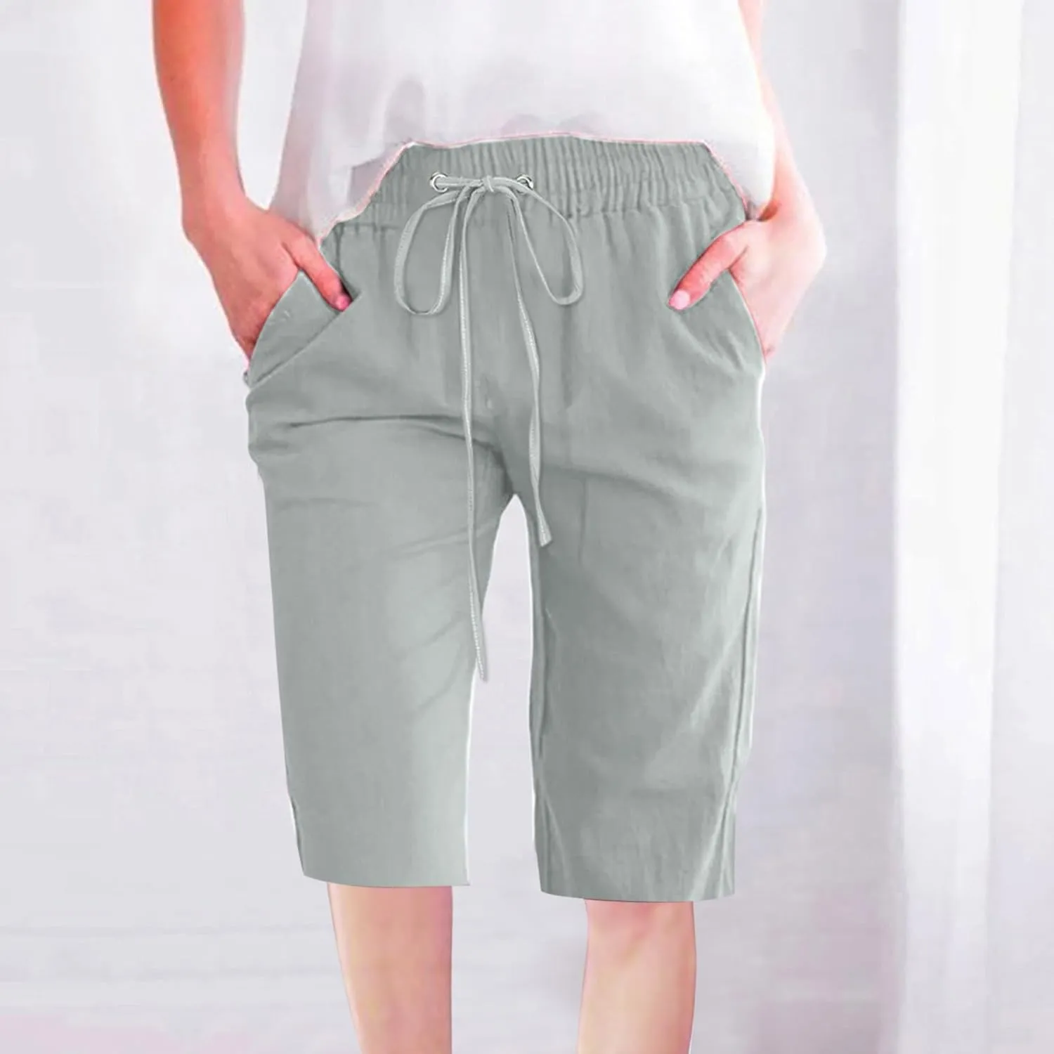 Bermuda Shorts for Women Elastic Drawstring High Waisted Outdoor Cargo Pants Casual Lightweight Hiking Pants