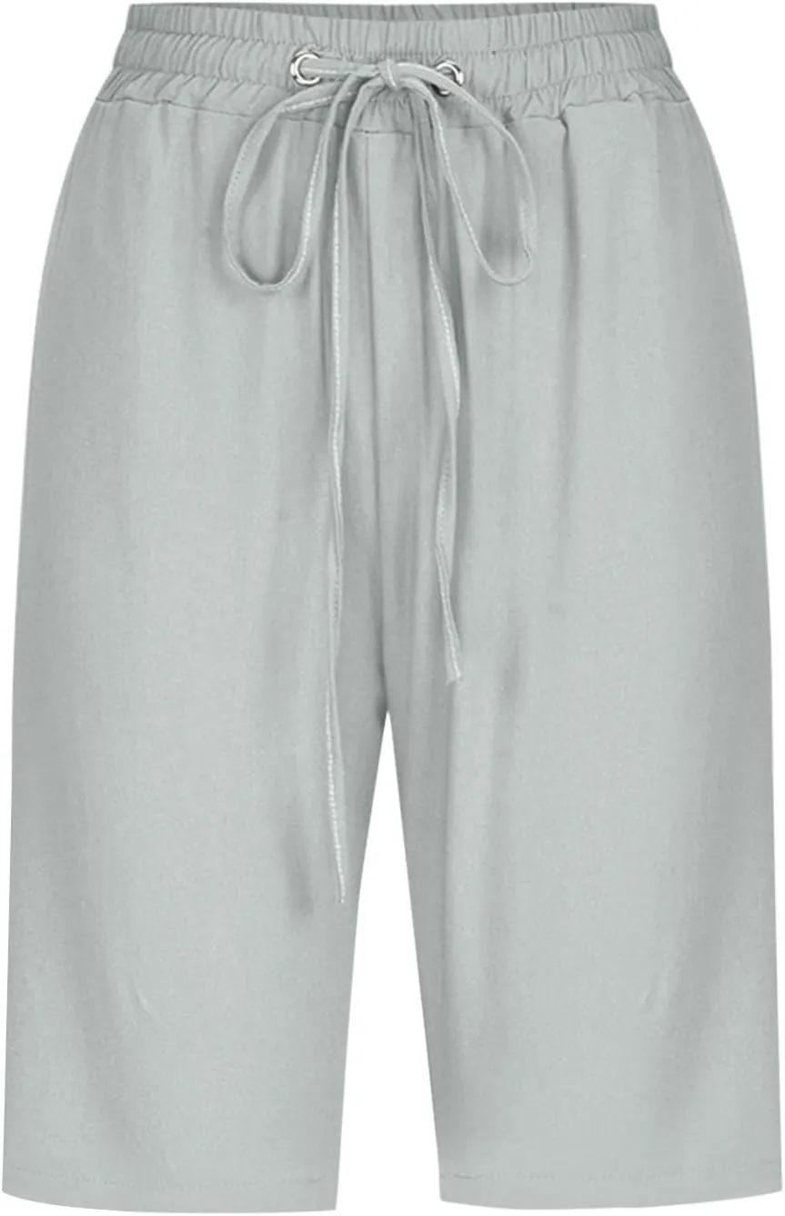 Bermuda Shorts for Women Elastic Drawstring High Waisted Outdoor Cargo Pants Casual Lightweight Hiking Pants