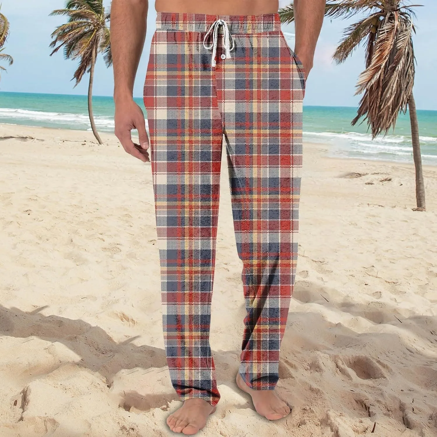 Big and Tall Lounge Pants for Men Soft Cotton Plaid Pajama Pants Loose Elastic Waist Lounging Trousers with Pockets